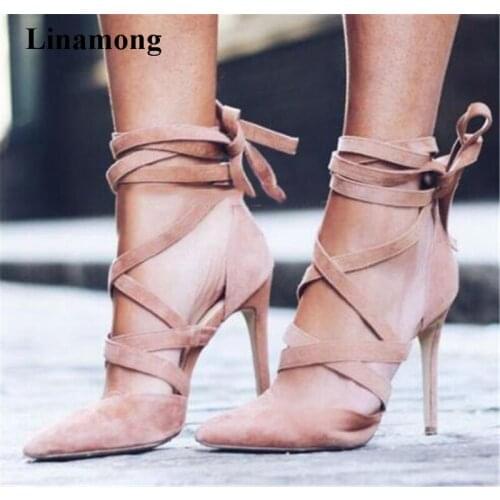 Women Fashion Pointed Toe Suede Leather Stiletto Heel Pumps Lace-up Black Beige Strap Cross High Heels Formal Dress Shoes