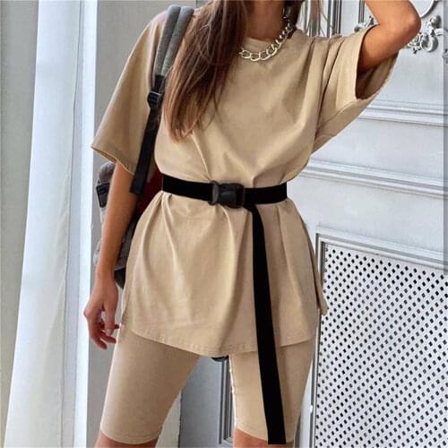 2020 New Summer Casual solid outfits womens two piece suit with belt Home loose sports tracksuits bicycle suit Female Playsuits