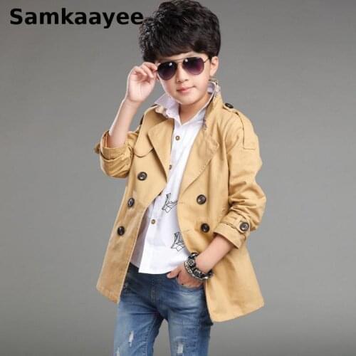 6-16y Kids Trench Spring Autumn Boys Long Jacket Windbreaker Childrens Solid Color Coats Double-Breasted Outerwear Clothing Y49