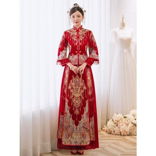 Wedding Clothing Chinese Style Vintage Embroidery Cheongsam Elegant Bride Tassel Dress китайская одежда