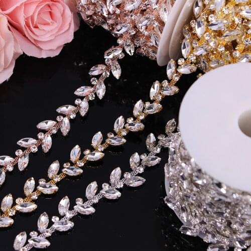 2.1CM Width Gold Crystal Wedding Dress Belt Bridal Chain Trim Horse-Eye shape Rhinestone Trim Sew on Garments DIY Clothes