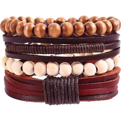 4pcs/set hippie punk wax cord wrap knots brown Leather beige wood Bead Layers stackable wrap Bracelet Bangles for man