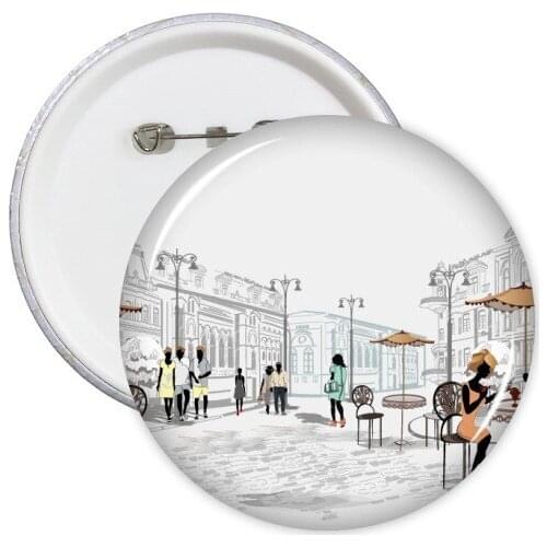 5pcs Vacation Street France Landmark National Flag Architecture Custom Landscape Illustration Pattern Round Pin Badge Button