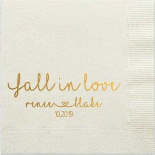 50 Personalized Napkins Beverage & Luncheon Size Available Wedding Napkins Shower Engagement Custom Monogram Fall in Love