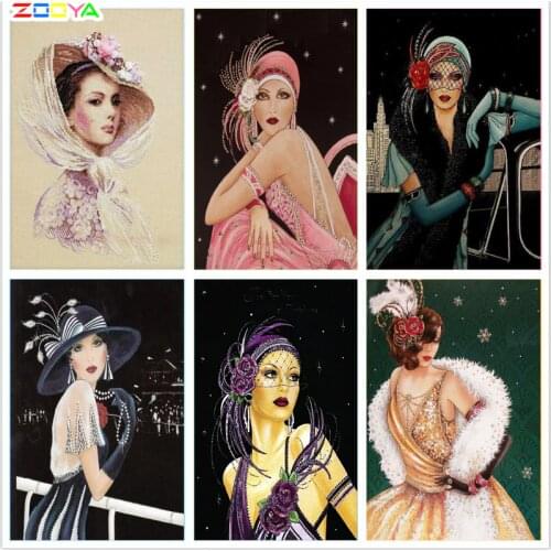5D DIY Diamond Painting Cross-Stitch Kits Diamond Embroidery Pictures Of Rhinestones Woman Hat Flower Paintings By Numbers R1195