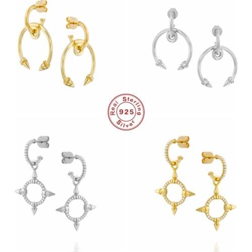 GS 925 Sterling Silver Crystal Curved Arrow Hoop Pendant Drop Earrings Shiny Zircon Arc Circle Arrow Charm Dangle Earring Gift