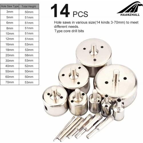 14Pcs/Set 3-70mm Diamond Holesaw Drill Bit Tool for Ceramic Porcelain Glass Marble Diamond Holes Saw Drill Bits