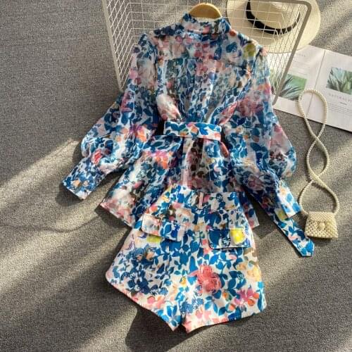 Amolapha Women 2021 Autumn Vintage Floral Printed Shirt Hot Shorts 2pcs Fashion Suit Belted Stylish Blouse+Mini Pants Sets