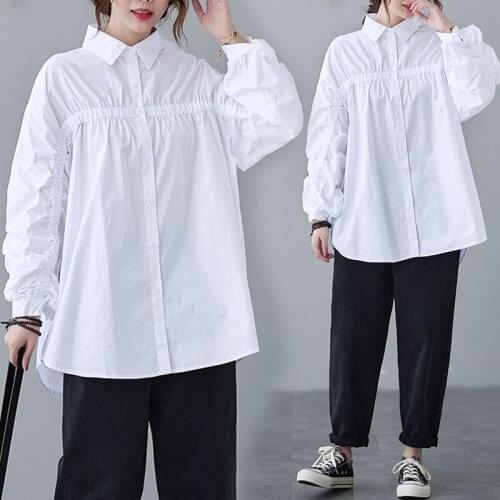 Loose Large White Shirt Linen Cotton Tops Frill Flounce Shirring Long Sleeve Tund Down Collar Women Original Design Blouse