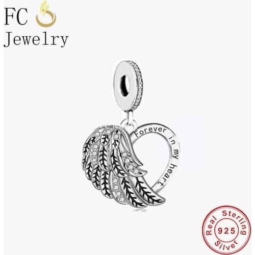 FC Jewelry Fit Original Pandora Charm Bracelet 925 Silver A Angel Wings Forver In My Heart Bead For Making Women Berloque 2021