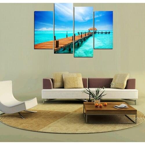 JIE DO ART 4 Panels Blue Sky Blue Ocean And Wooden Bridge Painting On Canvas Wall Art Picture Home