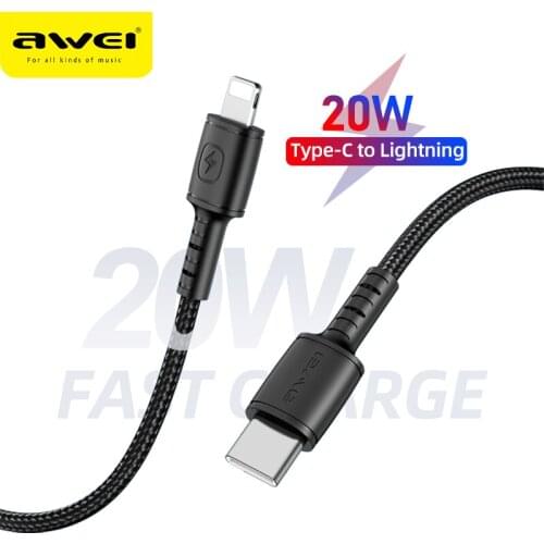 Awei USB C Cable for iPhone 12 11 8 Plus 20W PD Fast Charge USB C to Lighting Cable for iPhone 8 Charger Data USB Type C Cables