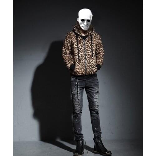 Fashion Man Leopard character hooded jacket large-size night DS host stage suit thickening Cashmere Winter Clothing