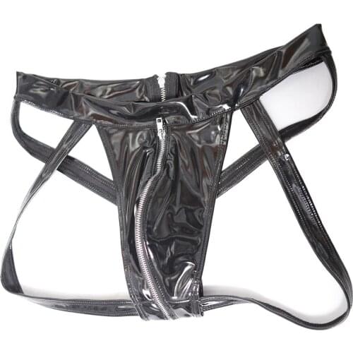 Men Convex Fork Full Crotch Zipper Hip-Baring Briefs Underwear Summer Tanga Jockstrap Faux Leather U Bulge G-Strings Underpants