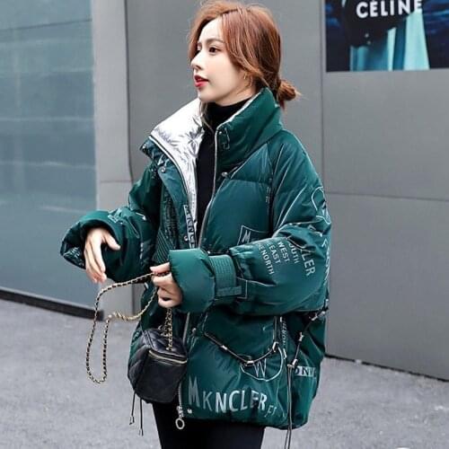New Glossy Winter Down Jackets Womens Fashion Personality Letter Print Down Parka Jacket Woman Stand-up Collar Warm Down Coats