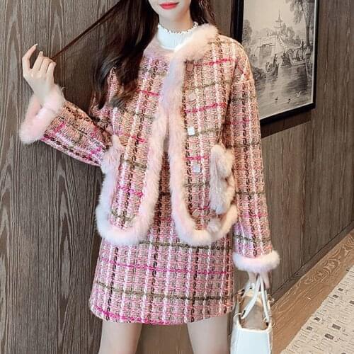 Fur Collar Autumn Winter Pink Coat Suit Tweed Skirt Tweed Two Piece Sets 여성투피스 skirt suits conjunto tricot feminino