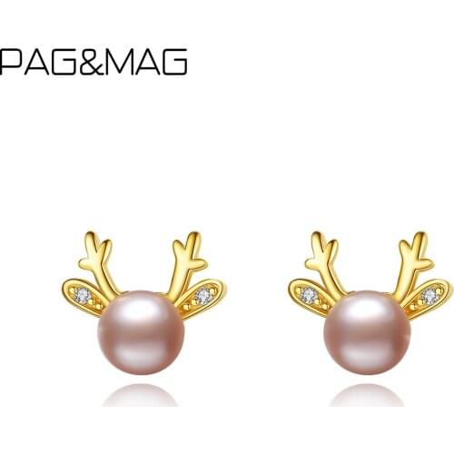 PAG&MAG Cute Antlers With Natural Pearls Stud Earrings For Women 925 Sterling Silver Earrings 18k Gold Plate Christmas Gifts