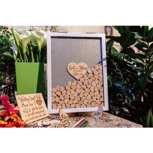 Personalize silver Wooden Wedding Guest Book Alternative Guestbook Drop Top box wedding Guest Book hearts signature