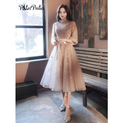 Champagne Pink Fancy Evening Dresses For Birthday Party Modest Neck A-line Tea-length Sequined Tulle Prom Gowns With Sleeves