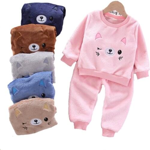 Cartoon Cat Baby Girls Clothing Set Winter Velvet Warm Suit For Kids 2021 New Lovely 2pcs Outfits Toddler Children Clothes