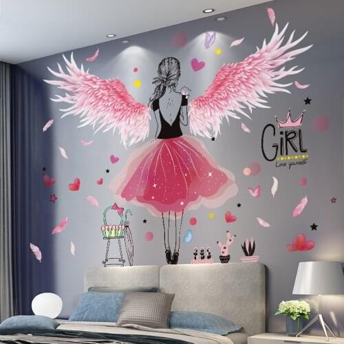 Nordic Ins Pink Feathers Wing Grass Wall Sticker Wallpaper Art Mural Decal DIY Girls Princess Room Living Room Modern Decoration