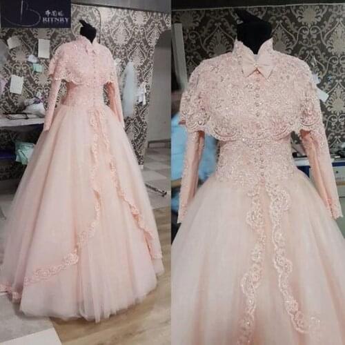 Vintage Wedding Dress High Neck Lace Beaded Long Sleeve Muslim Wedding Dress