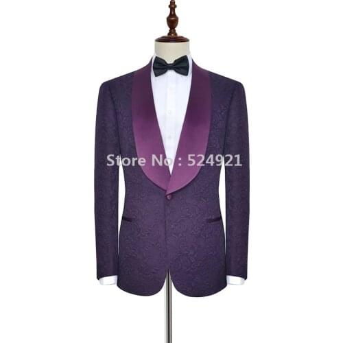 Groomsmen Dark Purple Pattern Groom Tuxedos Shawl Lapel Men Suits Side Vent Wedding/Prom Best Man( Jacket+Pants+Tie ) C279