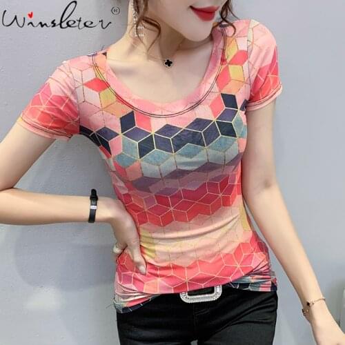 Summer Korean Clothes Mesh T-Shirt Chic Sexy O-Neck Panelled Print Gold Stamping Women Tops Short Sleeve Pullover Tees T17316A