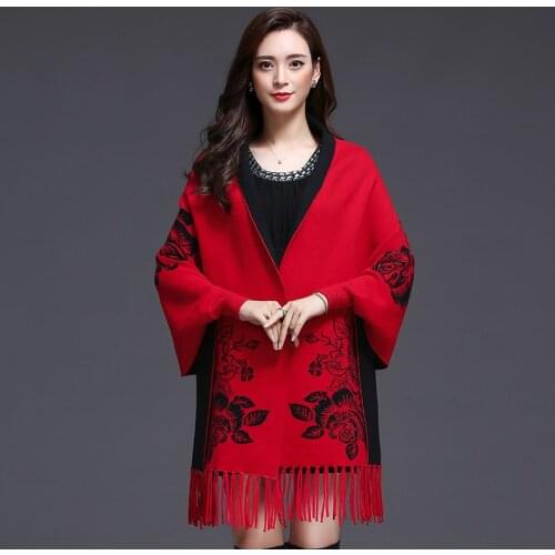 ZJZLL Women Wedding Tassel Knitted Jacquard Shawl Wrap Retro Plus Size Cardigan Multifunctional Poncho Cape Winter Sweater Coat