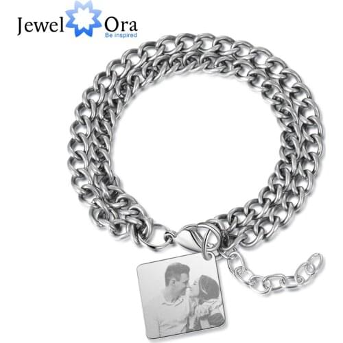 Stainless Steel Custom Photo Double Link Chain Bracelets for Women Personalized Calendar Engrave Highlighted with Heart Bracelet