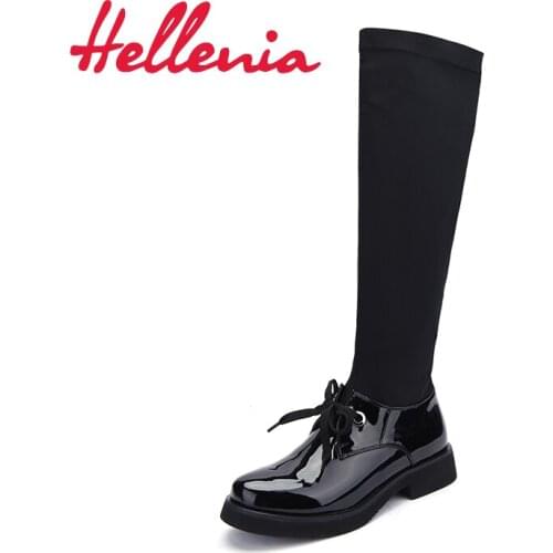 Hellenia 2018 Autumn Spring Long Boots New Style Women Flats Low Thick Heel Female Sexy Shoes Stretch Fabric Shoes Women Boot
