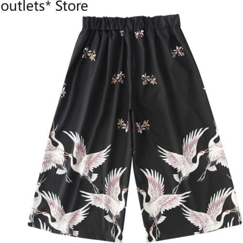 Womens Casual Loose Soft Elastic Waist Wide Leg Pants Drawstring Harajuku Japan Ukiyoe Crane Printed Palace Cropped Pants