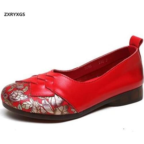 2021 New Spring Top Cowhide Printing Women Leather Shoes Fashion Casual Shoes Soft Sole Anti-slip and Wear-resistant Women Flats