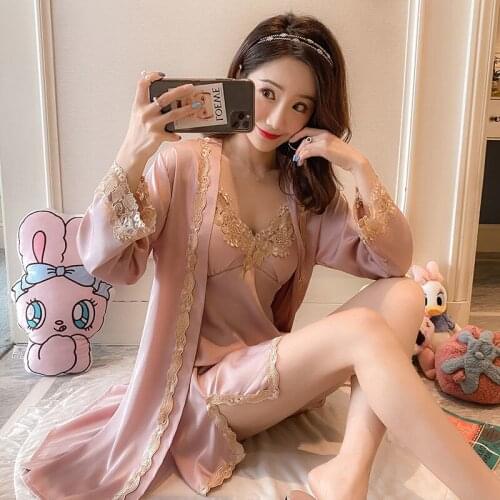 2021 Summer New Long Sleeve Robe Womens Sexy Lace Solid Color Suspender Skirt Two Piece Ice Thin Home Clothes Robe Sets