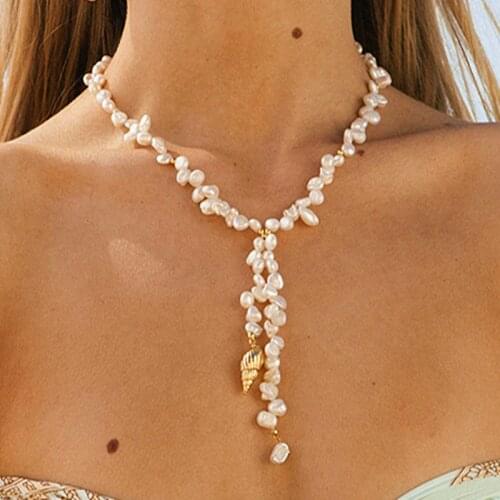 Boho fashion gold color shell necklace natural pearl handmade beautiful necklace women baroque jewelry charm statement best gift