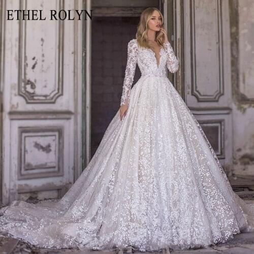 ETHEL ROLYN A-Line Lace Wedding Dress 2021 Romantic V-neck Long Sleeve Beading Appliques Bride Dresses Princess Bridal Gowns