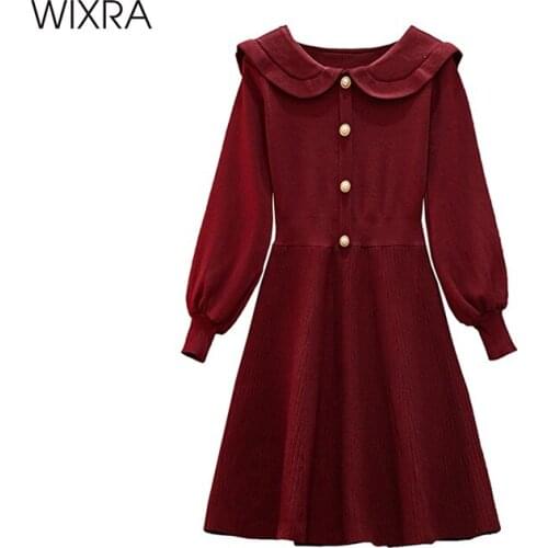 Wixra Knitted Dresses Womens Autumn Spring Sweet Peter Pan Collar High Street A Line Short Clothing Plus Size For Lady