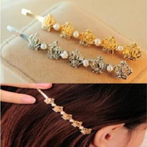 1pc New Korean Jewelry Pearl Imitation crystal Crown Word Folder Hairpin Side Clip Clip Hair Accessories For Women