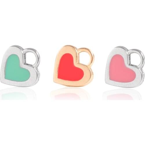 10PCS/lot 10.5x10mm Enamel Cute Heart Pendant Rhodium Color Alloy Metal Drop Oil Charms For DIY Jewelry Making Accessories
