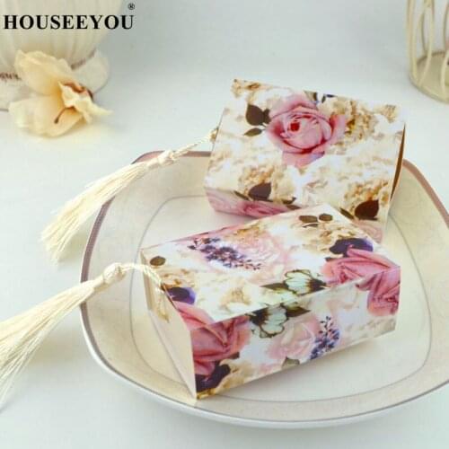 20PCS/Lot Flower Pattern Treat Kids Birthday Drawer Candy Chocolate Box Cardboard Gift Bag with Tassel Event Party Supplies