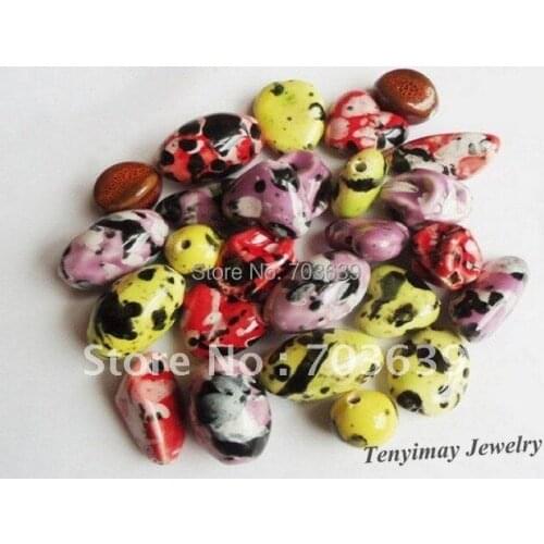 Free shipping ceramic loose beads with black dots, 100pcs mixed color ceramic loose beads fit jewelry DIY, ceramic charm beads