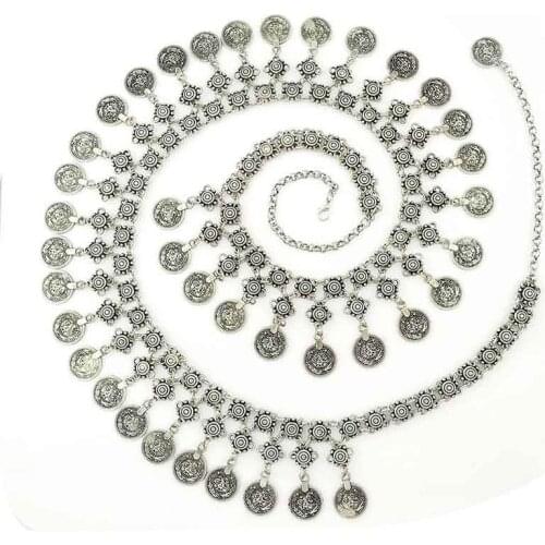 Bohemian Gypsy Carving Flower Beach Belt Body For Women Vintage Silver Color Coin Tassels Belly Body Chain Turkish Jewelry