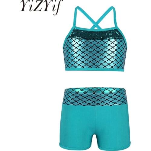 Kids Girls Sleeveless Sequins Mermaid Scales Printed Tank Top with Bottoms Set Tankini Rave Outfit for Ballet Dance Gym Workout