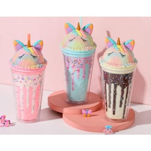 450ml Dream Unicorn Double Layer Plastic Water Cup With Straw Pink Girls Drinking Cup Kids Water Bottle