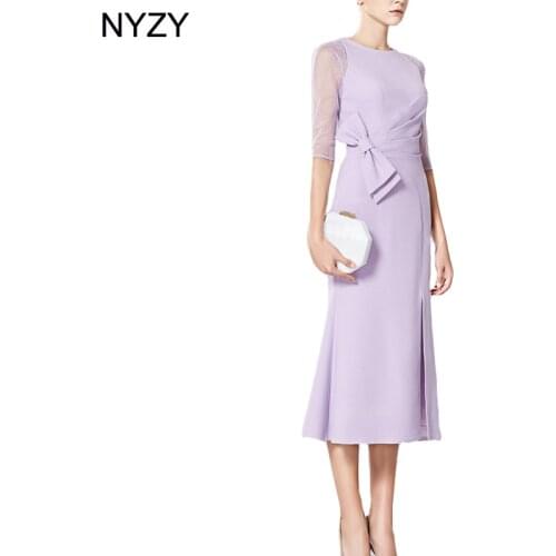 NYZY M5 Elegant Party Dress Vestido Formal Dress Slit Tea Length Half Sleeves Lilac Mother of the Bride Groom Dresses 2019