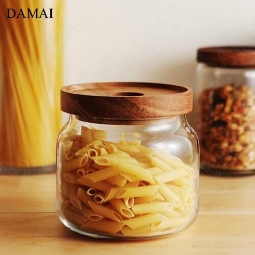 European Simple Sealed Glass Bottle Creativity Acacia Wood Cover Storage Jars with Lid Coffee Bean Tea Jar Home Kitchenware