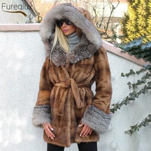 FUREALUX 2021 Womens Real Fur Mink Coat Winter Hooded Warm Street Style Authentic Fashion Clothing Support Wholesale Purchasing