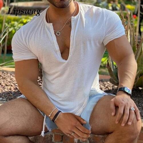 Casual Mens Short Sleeve T-Shirts 2021 Spring Autumn Loose V-Neck Pullover Tops Men Vintage Solid Color Tee Fashion Streetwear