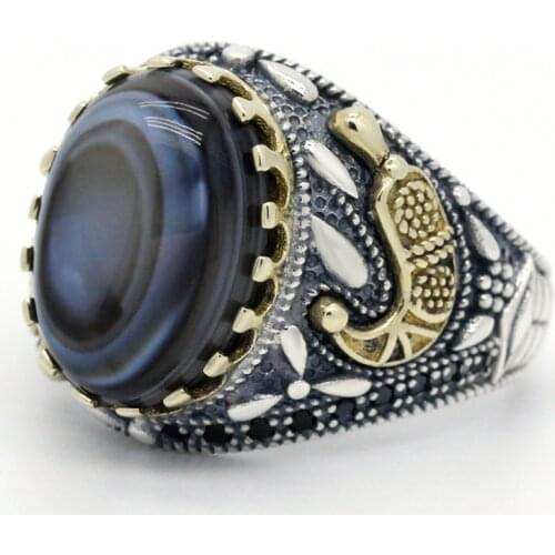 Hot sale 925 sterling silver ring Turkish jewelry eyes agate stone ring transparent black spinel mens ring high jewelry