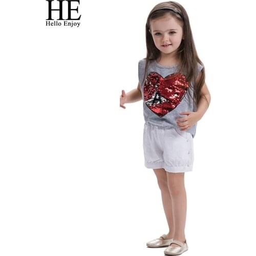 HE Hello Enjoy Girls T-shirts Cotton Summer 2018 Children Clothes Girl Sleeveless Sequins Discoloration Tshirts Kids Tee Tops
